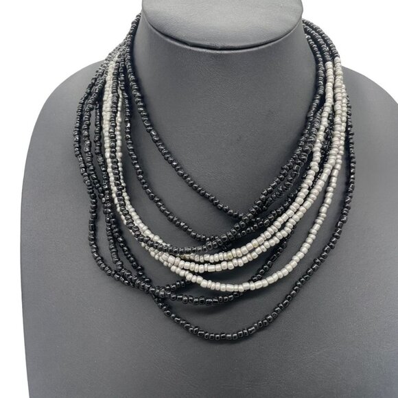 Rose Augustino Multi-Strand Beaded Layered Necklace Black and Silver Tone - Picture 1 of 6